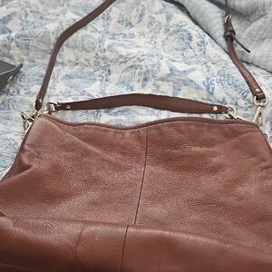 Elegant Brown Leather Shoulder Bag By Coach